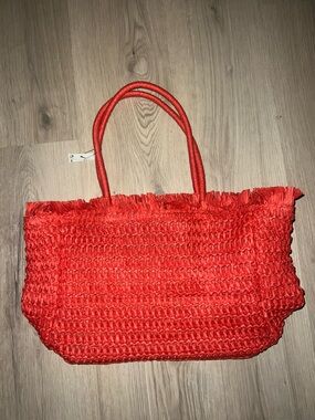 H&M Orange Woven Tote Bag NWT Straw Shopper Fringe Summer Beach Bag